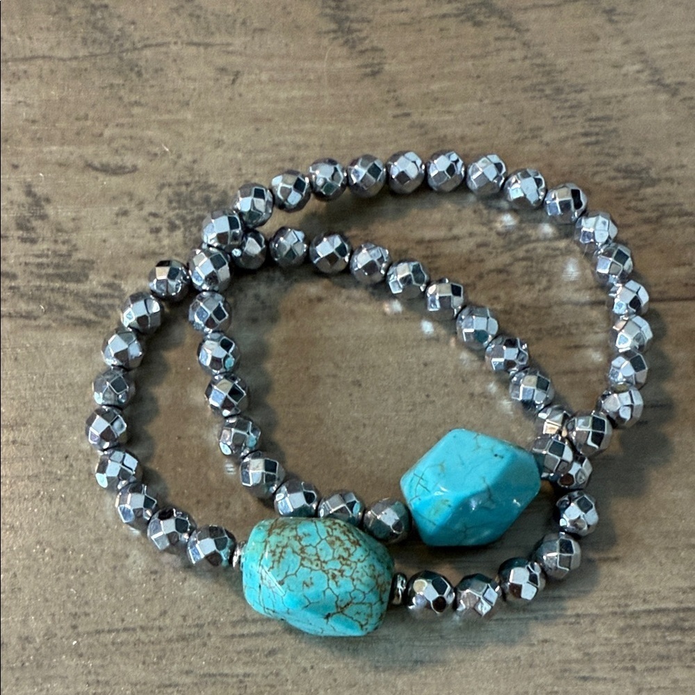 Turquoise and Silver Electroplated Hematite Mala Beaded Bracelet - 1PC NEW